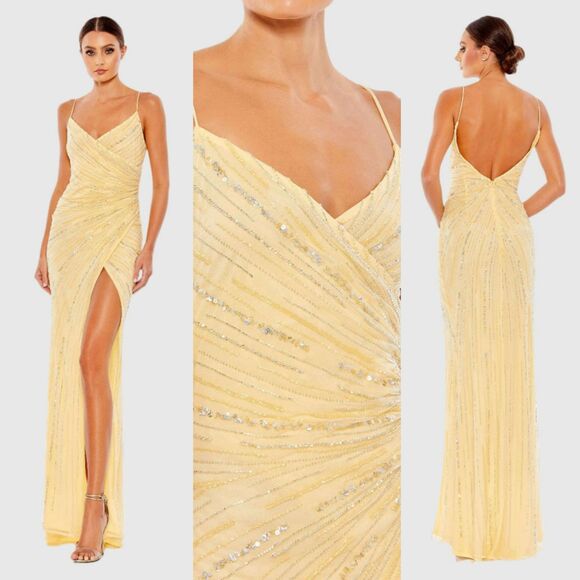 Mac Duggal Yellow Beaded Sleeveless Faux Wrap Gown Size14 Maxi Dress 93733 New